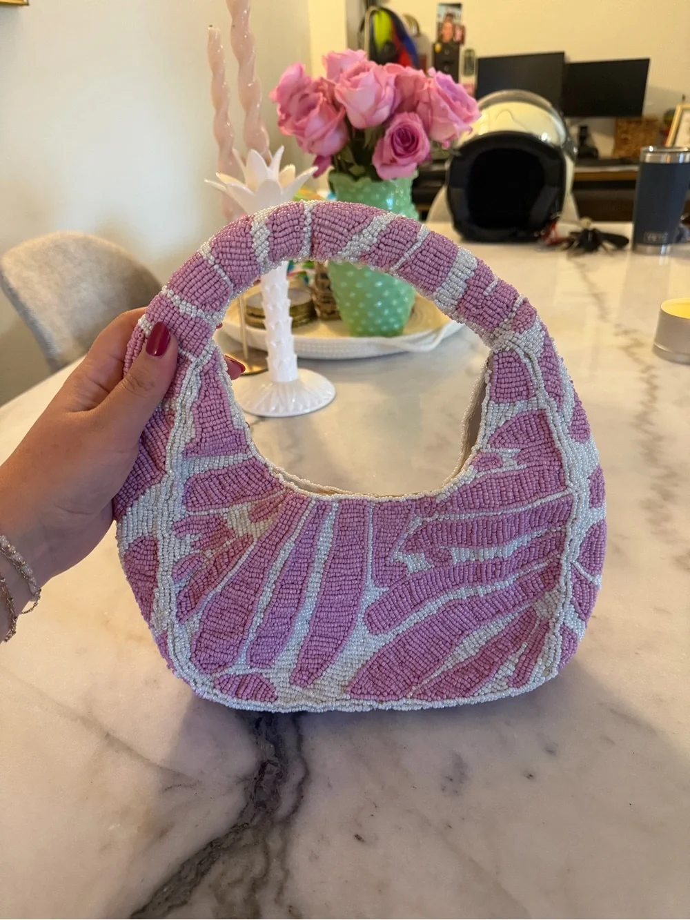 Kelly & Katie Pink and White Beaded Circle-Handle Clutch